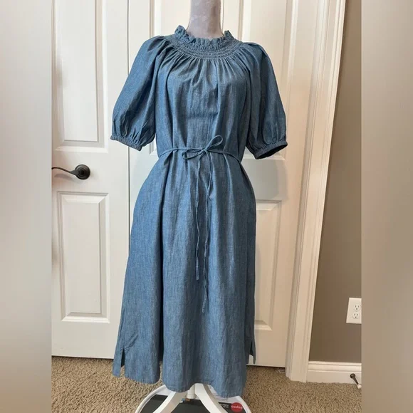 J. Crew Blue Denim Midi Dress with Smocked Neck - Picture 5 of 14